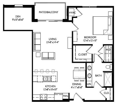 Floor plan for 1 bed, 1 bath, 1000 sqft